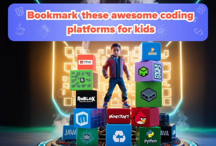 A child resembling a superhero stands on a block pile with coding platforms like Roblox, Minecraft, Python, and Scratch - learning programming.