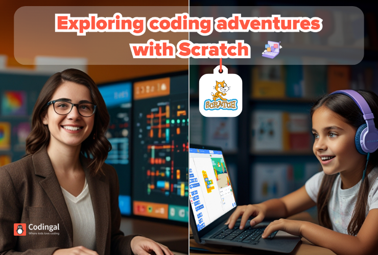 A school girl on a zoom call, wearing headphones, engrossed in her laptop, learning to code games on Scratch with her smartly dressed teacher.