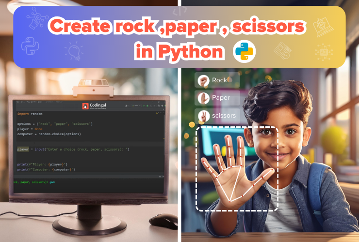 A young boy creating rock paper scissors game using Python programming.