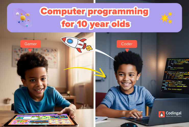 Image of a 10-year-old boy shifting from gaming to computer programming, symbolizing his evolution from player to coder.