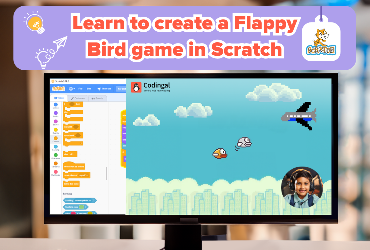 Young girl learning to make a Flappy Bird game in Scratch, sharing her progress on video.