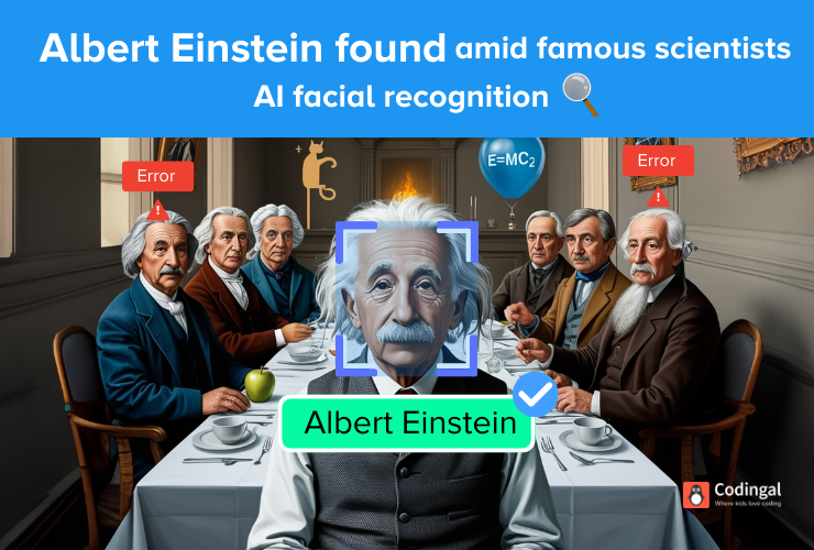 Seated scientists including replicas of Albert Einstein, AI Facial Recognition technology successfully identifies Einstein, famous scientific formulas like E=MC2 and Schrodinger's cat in background.