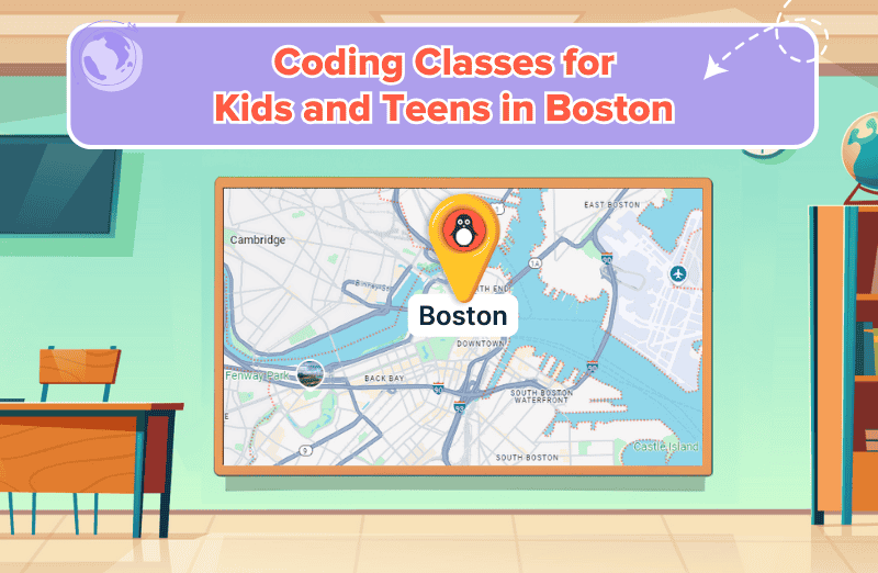 Map of coding classes in Boston for kids